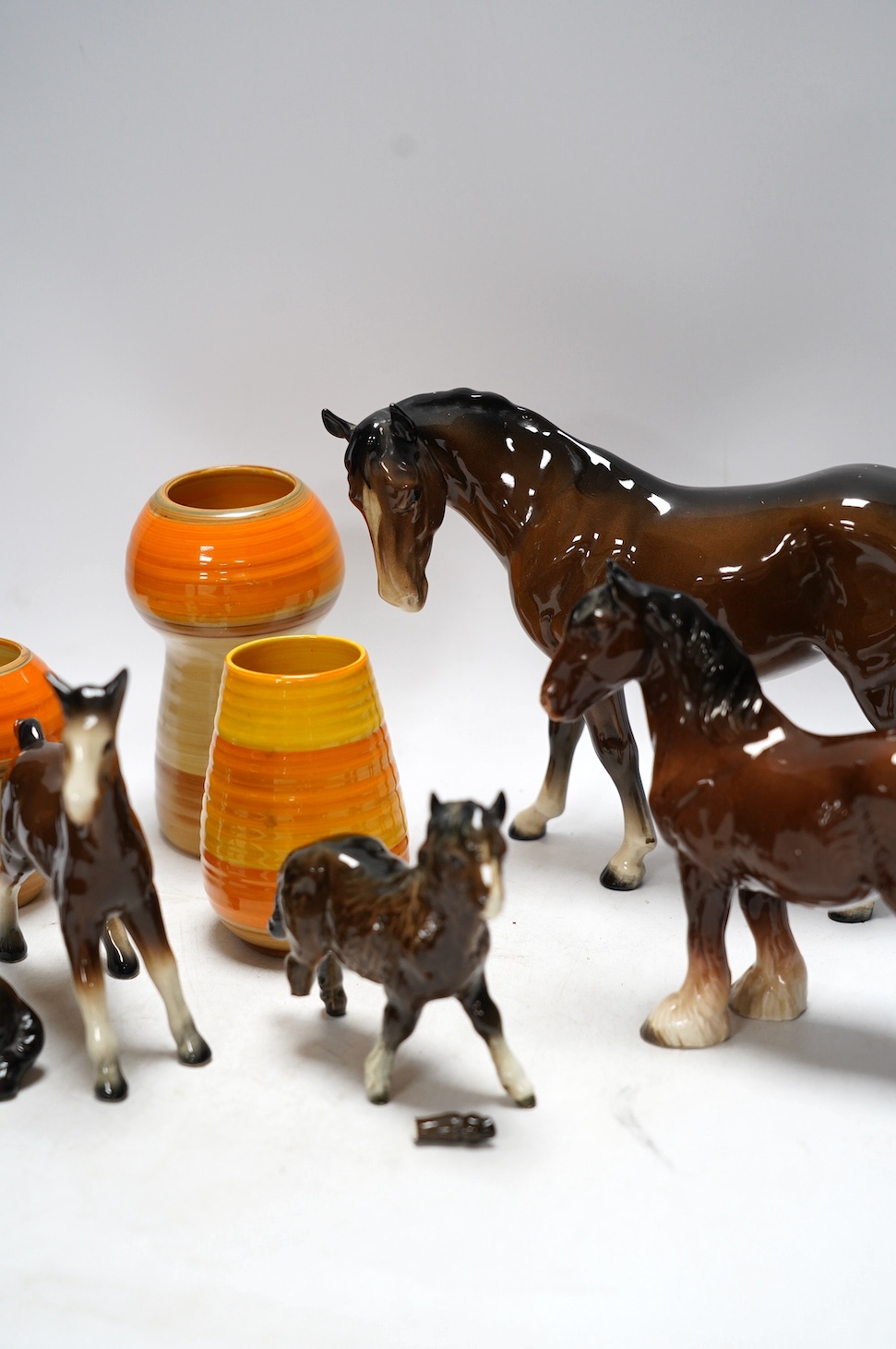 Three Shelley vases and six Beswick horses and a Canton cased teapot, teapot 14cm high. Condition - poor to fair